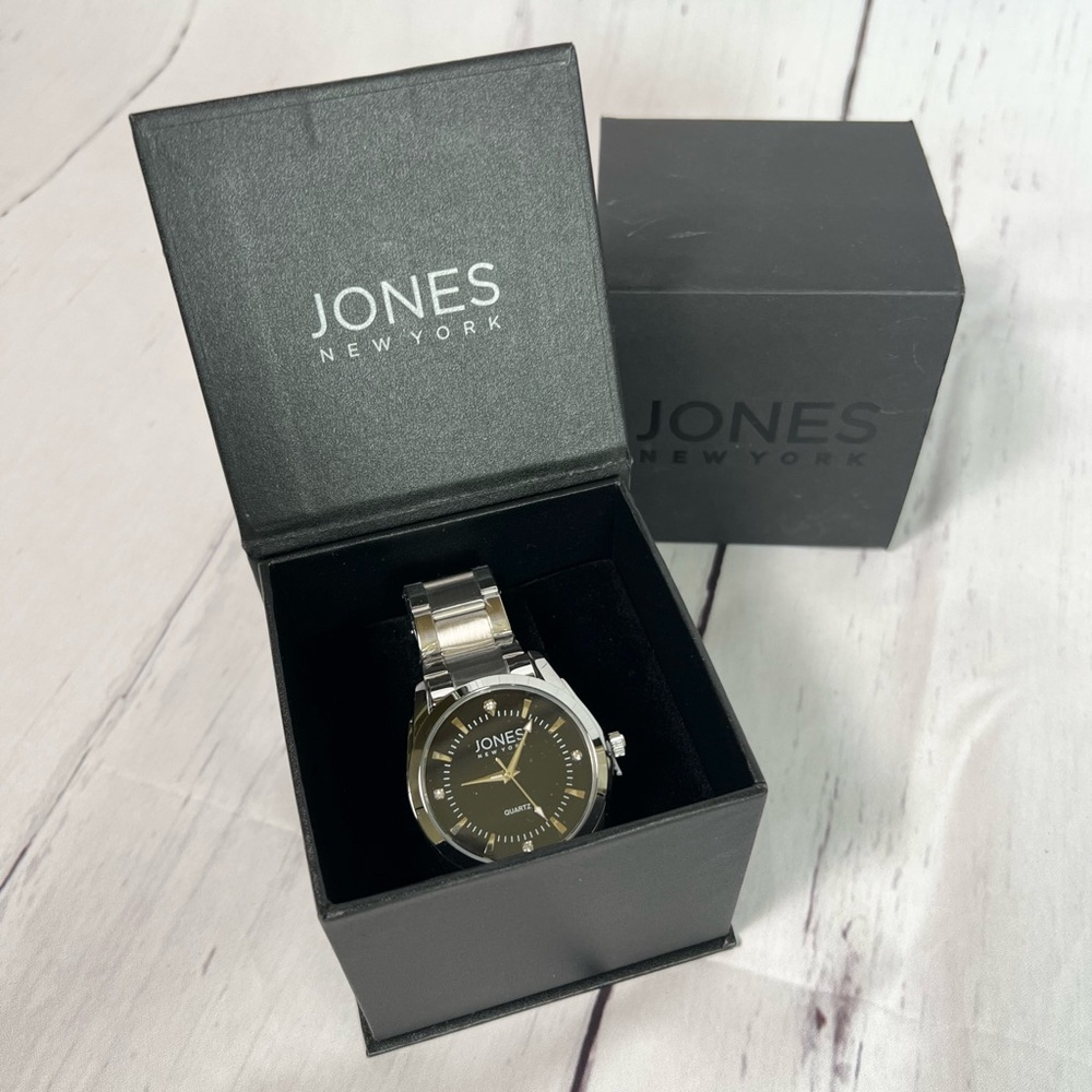 NWT Jones New York Mens Watch Silver Stainless Steel Black Face Crystal Accent